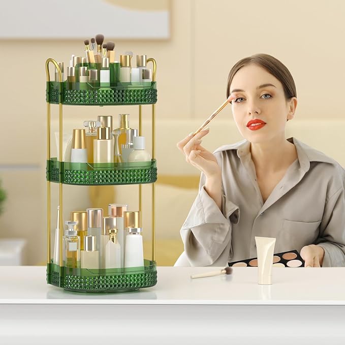 Rotating Makeup Organizer for Vanity 3 Tier, Perfume Organizer with Makeup Brush Holder, Large Capacity Cosmetics Clear Skincare Organizer for Countertop (Green)-BrightBean Baby