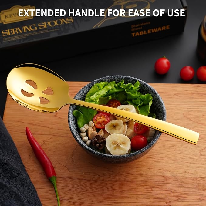 8 Piece Stainless Steel Serving Spoons Set - 4 Large, 4 Slotted, 9.2-Inch, Dishwasher Safe, for Parties/Kitchen/Buffet/Catering,Gold