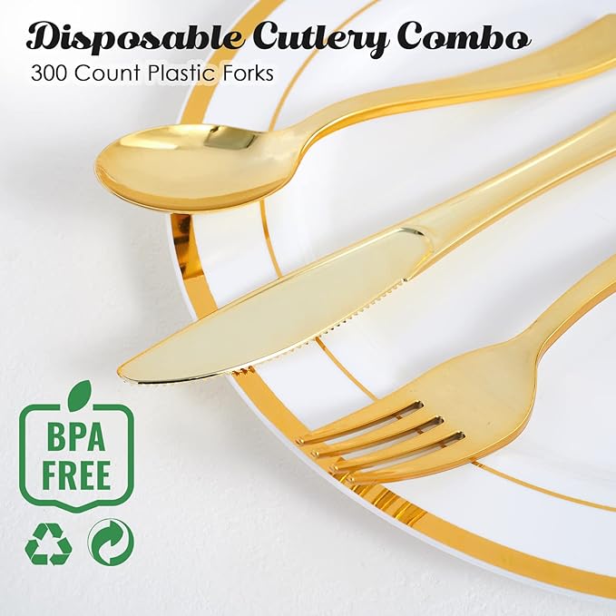 FOCUSLINE 300 Pack Disposable Gold Plastic Forks, Solid and Durable Plastic Cutlery Forks, Heavy Duty Disposable Utensil Silverware for Catering, Parties, Dinners, Weddings