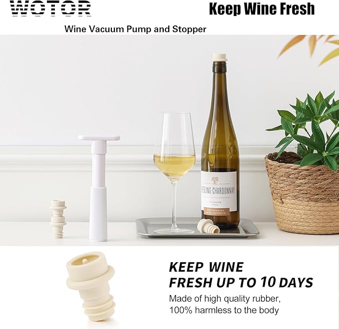 WOTOR Wine Saver Vacuum Pump with 20 Stoppers, Wine Stopper & Preserver, Reusable Bottle Sealer Keeps Fresh, Ideal Accessories Gift, Flat Handle (White)