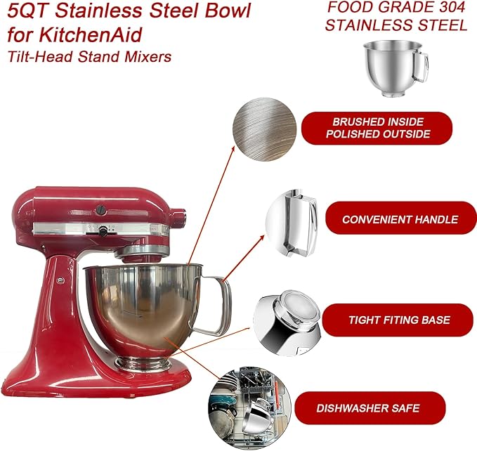 5 QT Stainless Steel Mixer Bowl Compatible with KitchenAid Artisan&Classic Series 4.5-5QT Tilt-Head Mixers K45 KSM70 KSM150 etc. Replacment for KitchenAid Mixer Bowl(Light Weight)