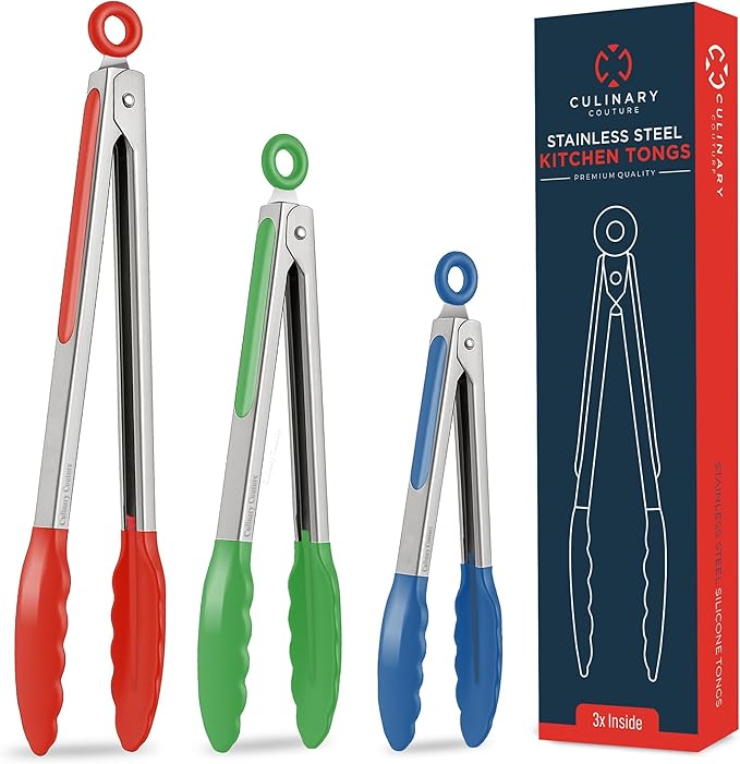 Kitchen Tongs for Cooking with Silicone Tips, Heat Resistant Tongs for Serving Food, 7-Inch, 9-Inch, 12-Inch Locking Silicone Tong, Set of 3 Salad Tong, Mulitcolor Kitchen Utensils