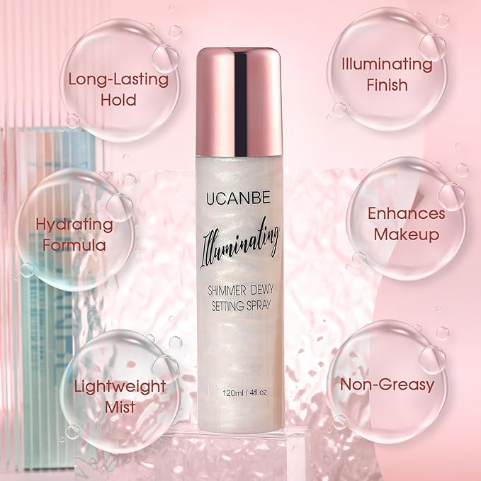 UCANBE Shimmer Dewy Setting Spray – Glowing + Makeup Setting Spray 2 in 1 Lightweight Formula for a Radiant Glow,Long-Lasting Face Mist for Face Body, 4 Fl Oz #Platinum-BrightBean Baby