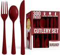 Party Solids Burgundy Plastic Silverware Heavy Duty 300 Pieces Burgundy Plastic Cutlery Sets, Utensil Sets, 100 Of Each Forks, Knives & Spoons Disposable Cutlery Set, Flatware Set For Party Supplies