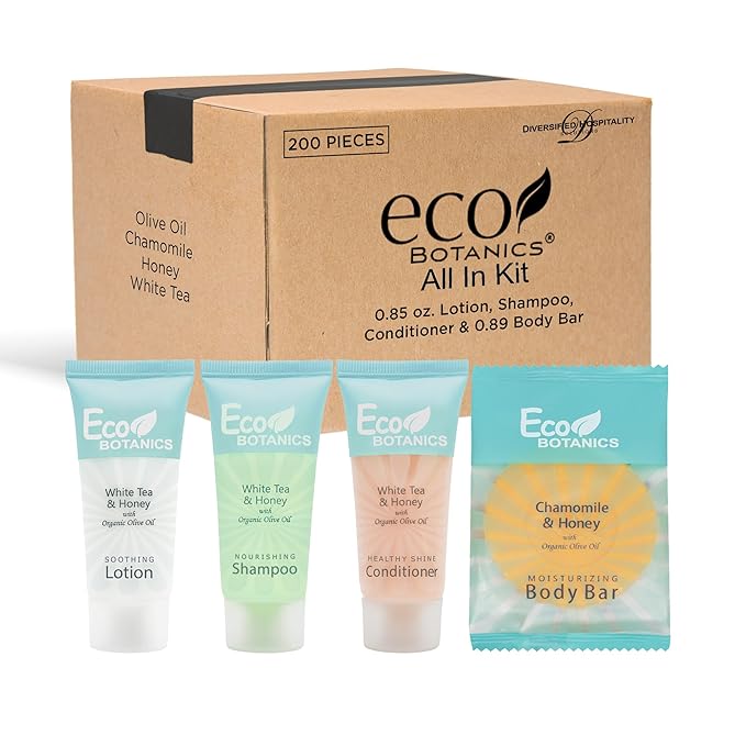 Eco Botanics Hotel Soaps and Toiletries Bulk Set | 1-Shoppe All-In-Kit Amenities for Hotels & Airbnb | 0.85 oz Hotel Shampoo, Conditioner & Lotion, 0.89 oz Bar Soap Travel Size | 200 Pieces-BrightBean Baby