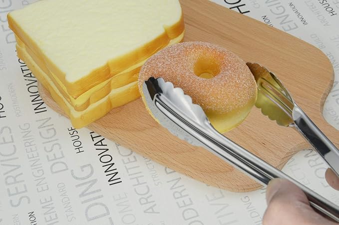 Mini Stainless Steel Food Tongs with Silding Rings 7-Inch - Set of 6 - Small Clam Shell Service Tongs for Serving Appetizers, Desserts, Salads, Barbecue and Cooking (Silver)