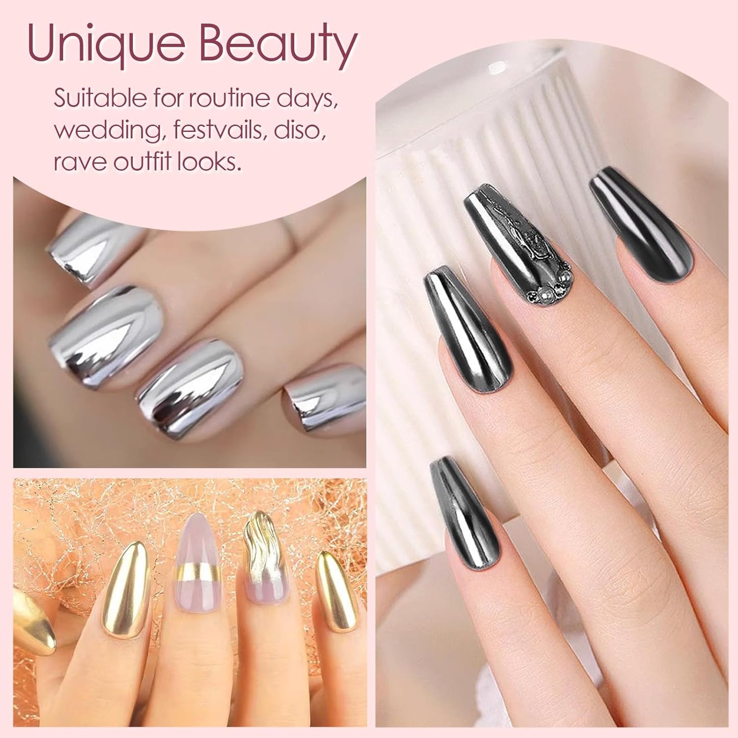 Allstarry Chrome Nail Powder Kit - 16 Colors Metallic Mirror Effect Pigment Powder Magic Glitter Dust for Gel Polish Nail Art Decoration with 16 Sponge Sticks-BrightBean Baby