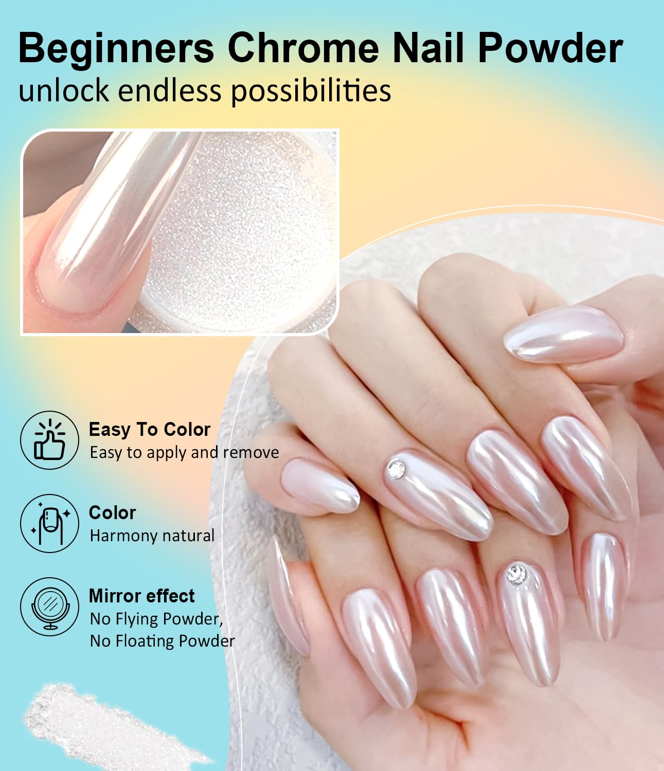 Gold Chrome Nail Powder BISHENGYF -【Metallic Mirror Effect】Pearl Chrome Nail Powder White Aurora Mermaid Iridescent Silver Nail Chrome Powder Metallic Mirror Glitter Pigment Dust For Nail Art DIY-BrightBean Baby