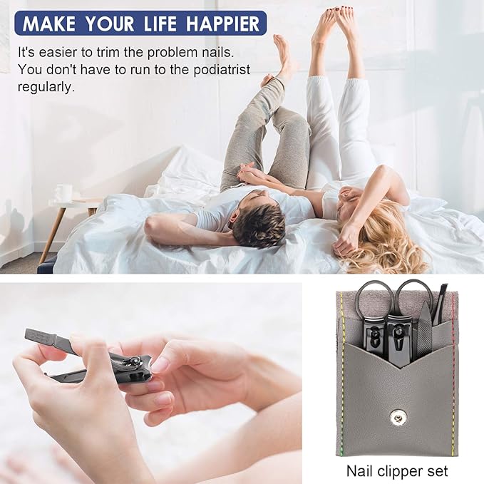 Manicure Pedicure Kit Nail Clippers Set Fingernails & Toenails Vibrissac Scissor 5 Pieces Best Care Tools for Man & Women with Travel Case (Gray/Black_A) (Gray/Black_A)-BrightBean Baby