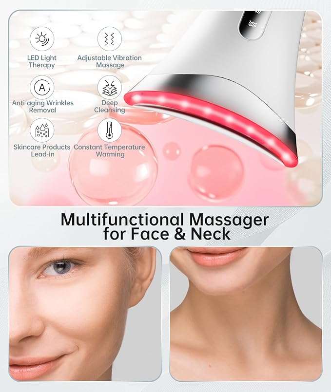 Red Light Therapy for Face and Neck, 7 Color Facial Massager with Adjustable Vibration and Thermals for Wrinkles, Double Chin, Portable Skin Care Tool with Base, White-BrightBean Baby