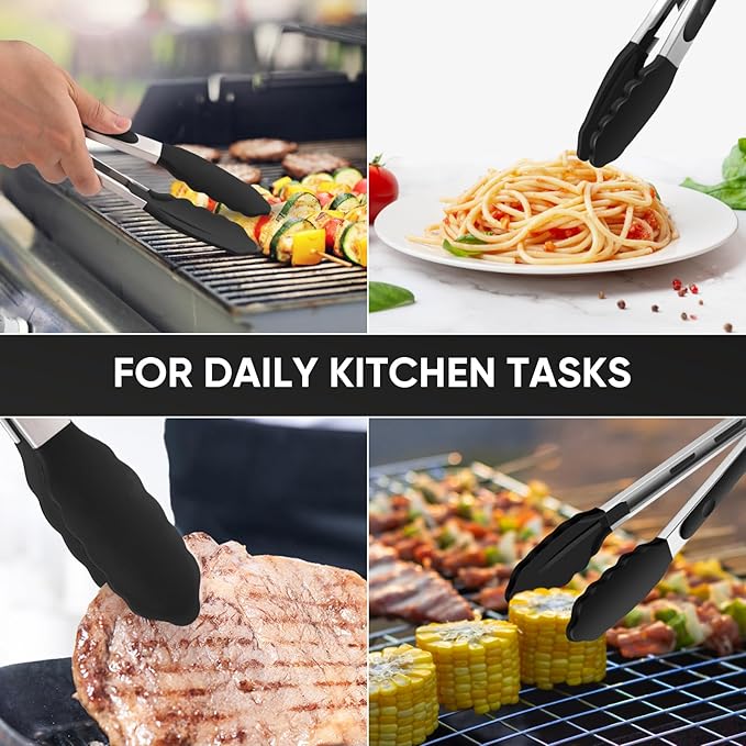 600℉ Heat Resistant Kitchen Tongs for Cooking with Silicone Tips,Maywe Tanso 9-Inch Stainless Steel Locking Cooking Tongs Food Tongs for BBQ,Cooking,Salad and Serving Food,Heavy Duty,Non-Stick(Black)