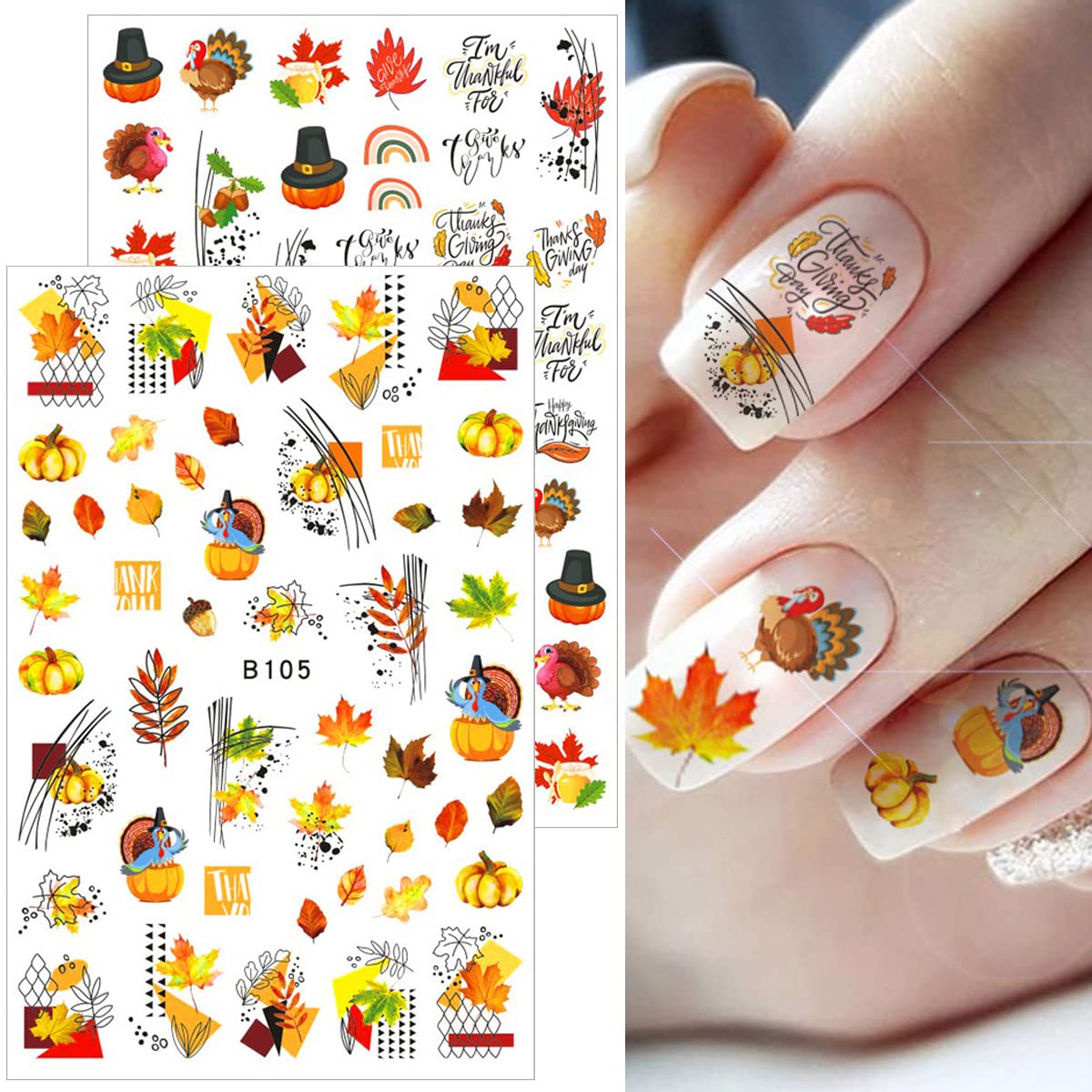 12 Sheets Fall Nail Art Stickers 3D Autumn Leaves Nail Decals Self-Adhesive Thanksgiving Nail Art Accessories Foils Maple Leaf Pumpkin Turkey Nail Designs for Women Girls DIY Manicure Decoration-BrightBean Baby