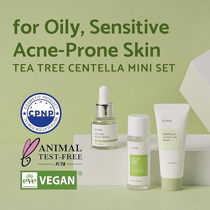 iUNIK Centella Mini Set Travel-Friendly Skincare Set Ultra calming and hydrating for sensitive skin - Tea Tree Relief Toner,Serum, Centella Calming Gel Cream-BrightBean Baby