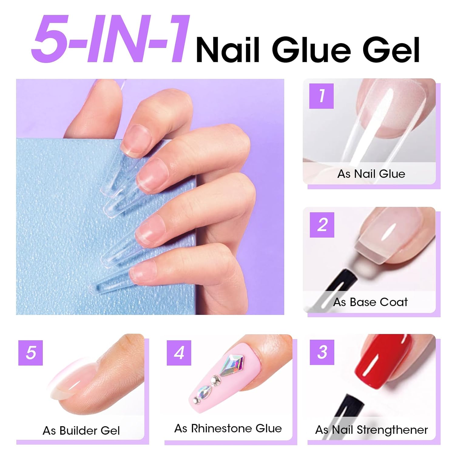 Gellen Nail Glue Gel & No Wipe Top Coat, 5 in 1 UV Nail Glue for Acrylic Nails, High Shiny Top Coat Gel, Curing Needed Extend Gel for False Tips & Clear Press on Nails, Home Salon DIY Manicure-BrightBean Baby