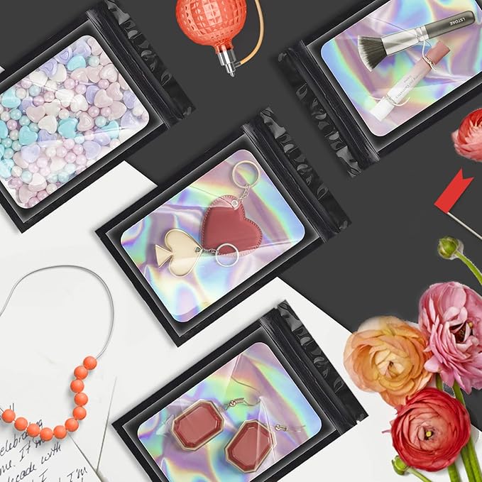 100 Pieces Smell Proof Mylar Bags, Holographic Packaging Bags, Resealable Odor Foil Pouch Zipper Bag with Clear Window for Food Storage and Lipgloss, Jewelry Lash (Black, 4 x 6 Inch)-BrightBean Baby