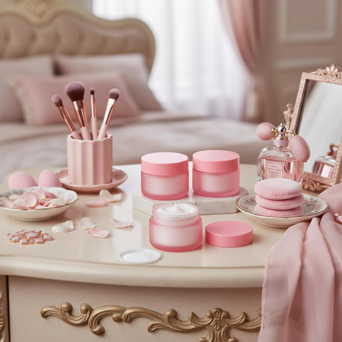 Domensi 100 Pcs 1 oz Glass Jars with Lids Bulk Round Glass Cosmetic Jars Lids 1 oz Small Travel Containers with Inner Liner for Lotions Powders Ointments Sample Cream (Pink,Pink)-BrightBean Baby