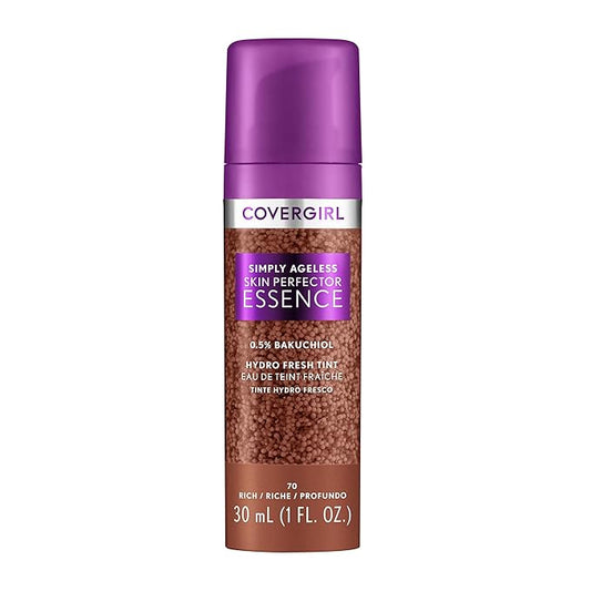 Covergirl Simply Ageless Skin Perfector Essence Foundation, 70 Rich, Tinted Skin Perfector, Skincare Makeup Hybrid, Sheer Tint, Radiant Finish, Skin-Like Finish, Vegan Formula, 1.0oz-BrightBean Baby