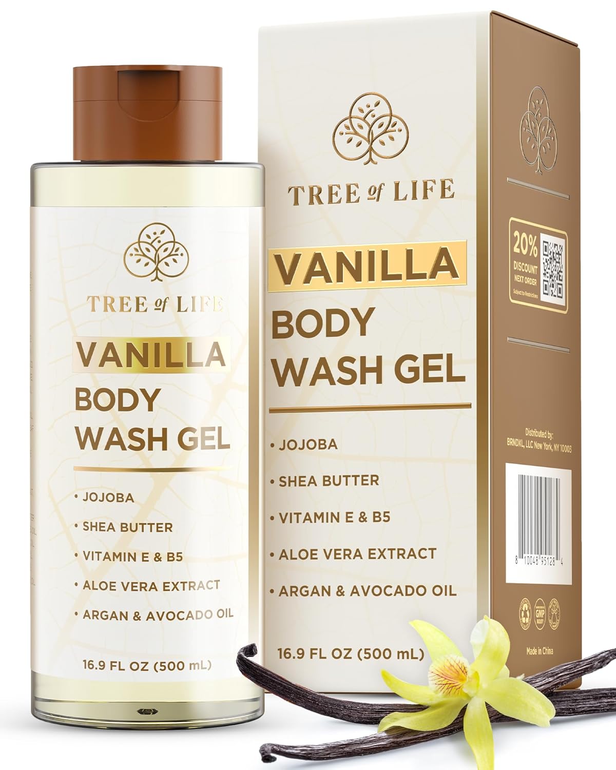 Tree of Life Vanilla Body Wash Gel - Moisturizing Shower Gel with Jojoba Oil and Shea Butter Hydrating Body Wash for Sensitive Skin and All Skin Types, 16.9 fl oz-BrightBean Baby