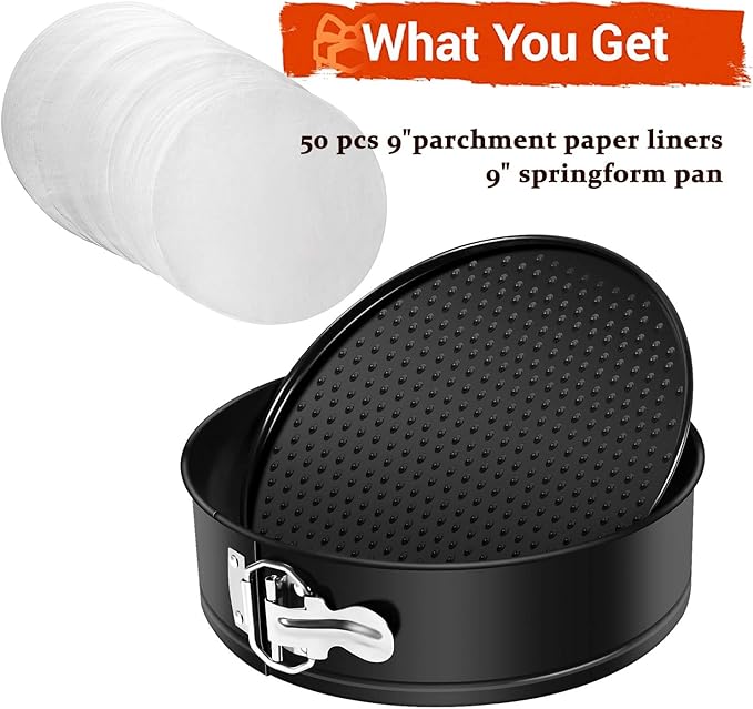 MASSUGAR 9 Inch Springform Pan Nonstick - Cheesecake Pan with Removable Bottom/Leakproof - Round Cake Pan with 50 Pcs Parchment Paper Liners - Fits 6 Qt 8 Qt Pressure Cooker