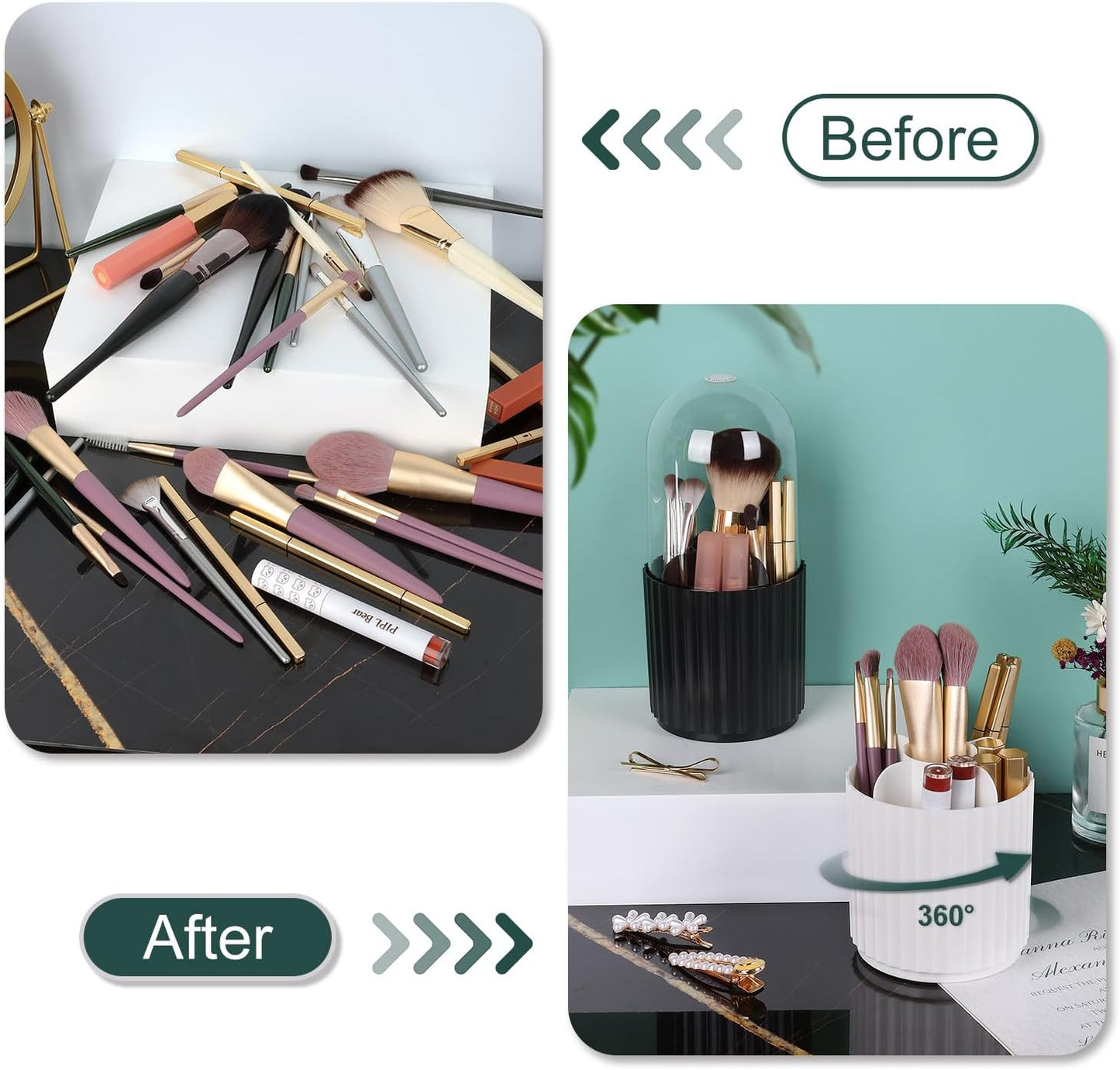 JessLab Makeup Brush Holder Organizer with Lid, 360 Degree Rotatable Spinning Cosmetics Holder Display for Bathroom Vanity Countertop, Black-BrightBean Baby