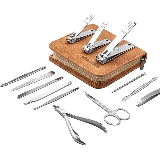FAMILIFE Manicure Set, Nail Professional Kit Manicure Kits Nail Clipper Sets, 13PCS Stainless Steel Pedicure Sets Mens Grooming Tool, with Brown Leather Travel Case for Men-BrightBean Baby