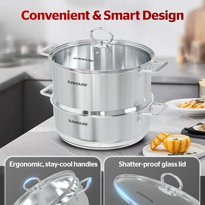 SUNHOUSE 2-Tier Stainless Steel Steamer Pot 5.5QT - Toxin-Free Healthy Cooking