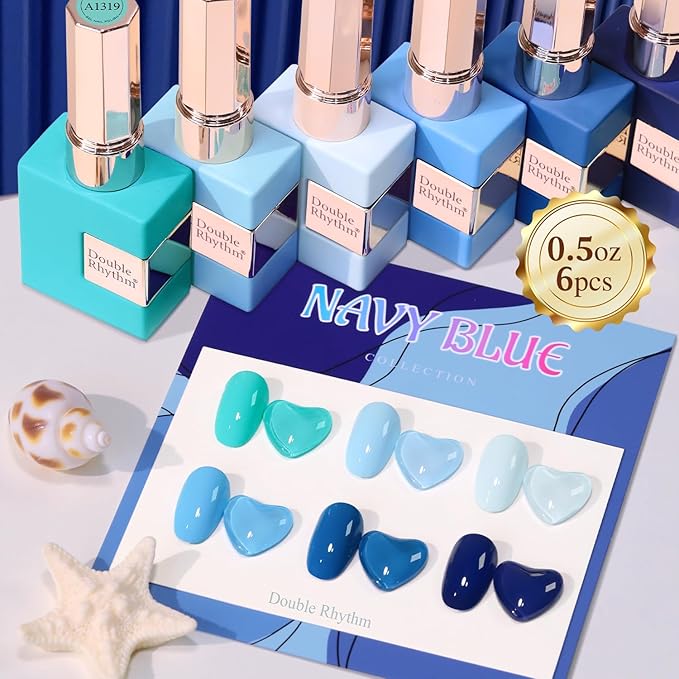 Double Rhythm 6 Pcs 15 ML Gel Polish Set Same Color Same Bottle Soak Off Gel Polish Kit Nail Art Manicure Salon DIY at Home for Women (Light Blue Dark Navy Teal-T6-14)-BrightBean Baby