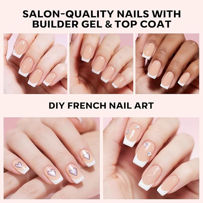 modelones French Tip Press on Nails, Short Square Fake Nails with Nail Box, Nude Gel Nail Tips for Women, Soft Glue-On Nails for Natural Salon Look, DIY Nail Art Kit-BrightBean Baby