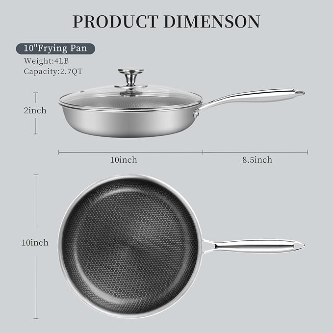 Stainless Steel Nonstick Frying Pan with Lid 10 Inch - Honeycomb Skillet Wok Pan