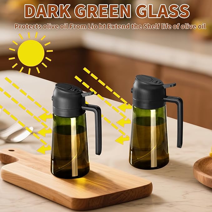 2PCS Olive Oil Dispenser and Oil Sprayer – 16oz/470ml Glass Light-Proof Oil Pourer for Kitchen, Air Fryer, Cooking, Salad, and BBQ
