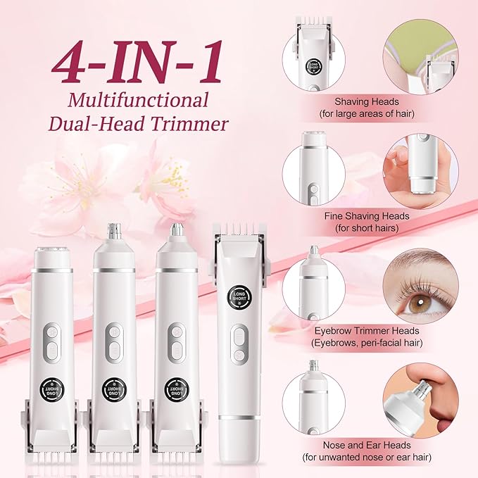 Bikini Trimmer for Women, 4 in 1 Wet/Dry Electric Razors for Women - Dual Head, Painless Rechargeable Portable Womens Razors for Shaving Set for Face, Nose, Eyebrows, Armpits, Bikini Area (White)-BrightBean Baby