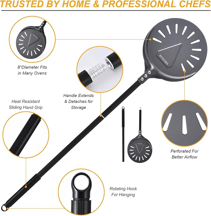 Turning Pizza Peel, 8 Inch with 25 Inch Handle Round Pizza Turning Peel, Professional Anodized Aluminum Turning Pizza Spatula, 33 Inch overall