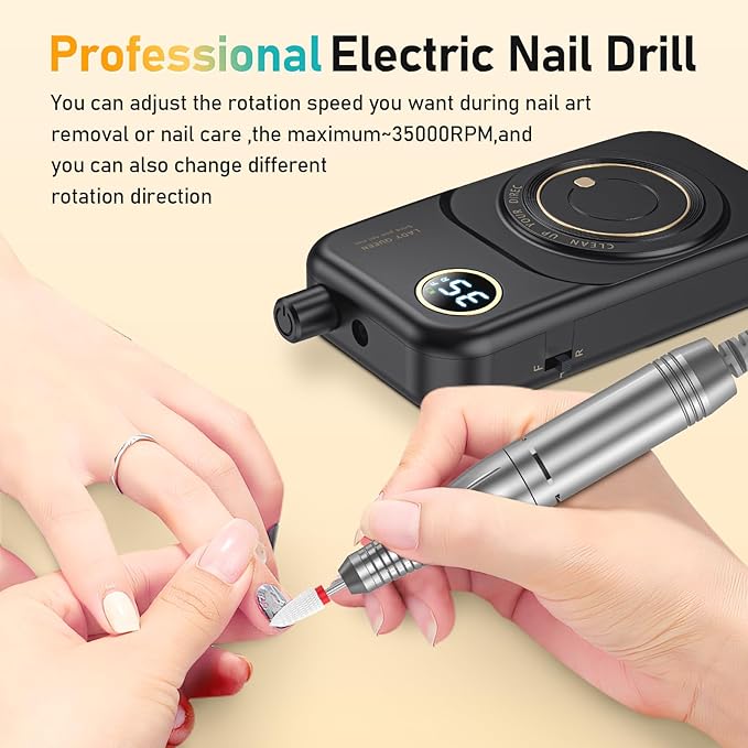 Portable Nail Drill Electric File: 35000RPM Professional Rechargeable Nail E File Machine,for Acrylic Nails Gel Polishing Removing, Cordless Efile with Bits Kit for Manicure Salon Home (Black)-BrightBean Baby