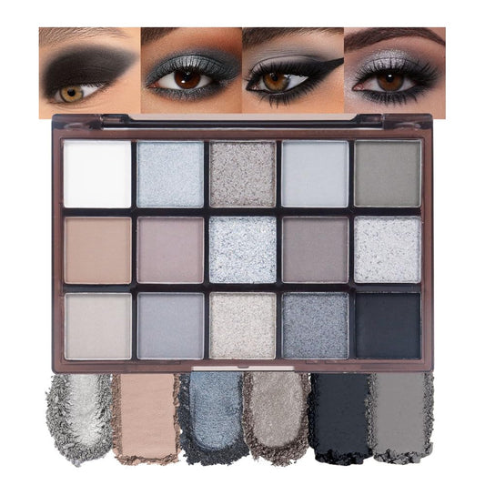 Smokey Black Eye Shadow Makeup Palette,15 Colors Gray Silver Dark Shimmer Matte Makeup Pallet,Long Lasting Waterproof Blendable for Daily and Halloween,Vegan,Cruelty -free-BrightBean Baby