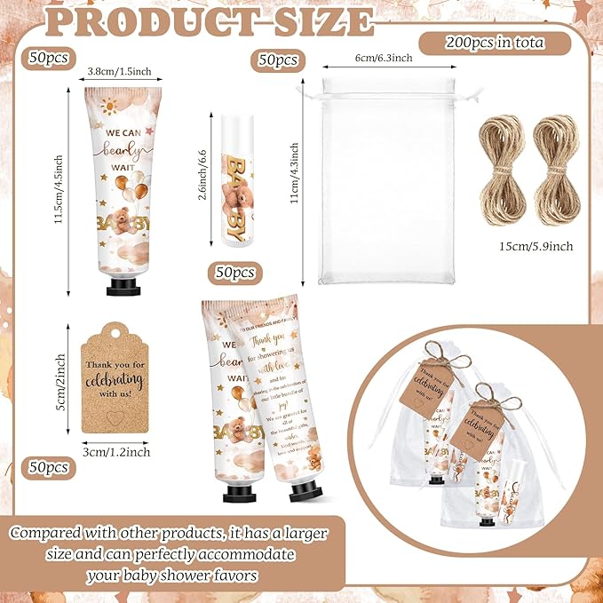 50 Sets 200 Pcs Baby Shower Hand Lotion and Lip Balm Gift Theme Baby Shower Party Favors Travel Size Hand Lotion and Lip Balm Bulk with Organza Bags Tags(Bear)-BrightBean Baby