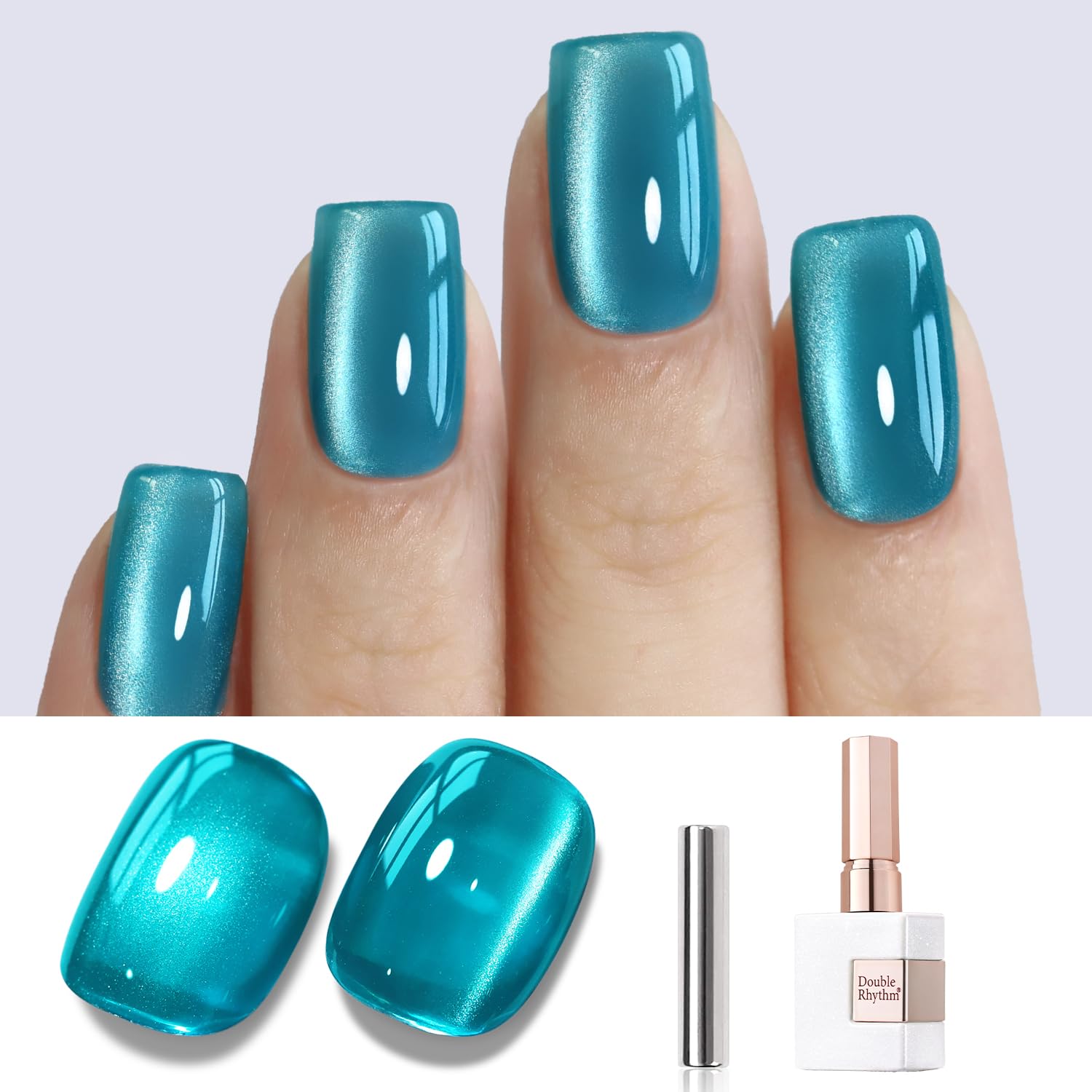 Double Rhythm Jelly Glass Cat Eye Gel Polish with Magnet 15ML Holographic Glitter Shimmer Translucent Sheer Color Magnetic Polish Salon DIY at Home (Jelly Teal-MC1120)-BrightBean Baby
