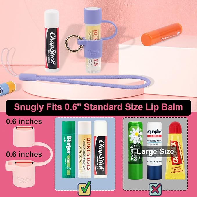 Desing Wish 2 PCS Silicone Lip Balm Holder with Cap Cover Portable Chapstick Holder Keychain Sleeve Lip Balm Key Chain with Key Ring and Wrist Strap Lanyard - Pink/Purple-BrightBean Baby