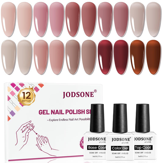 JODSONE 12PCS Gel Nail Polish Set 10 Translucent Jelly Colors Natural, Elegant & Long Lasting For Home & Salon Use-BrightBean Baby