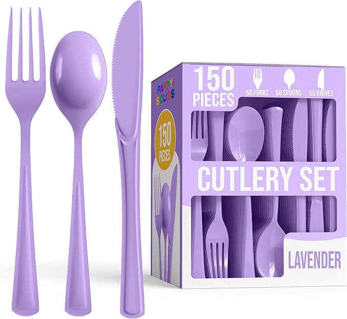 Party Solids Lavender Plastic Silverware Heavy Duty 150 Pieces Lavender Plastic Cutlery Sets, Utensil Sets, 50 Of Each Forks, Knives & Spoons Disposable Cutlery Set, Flatware Set For Party Supplies