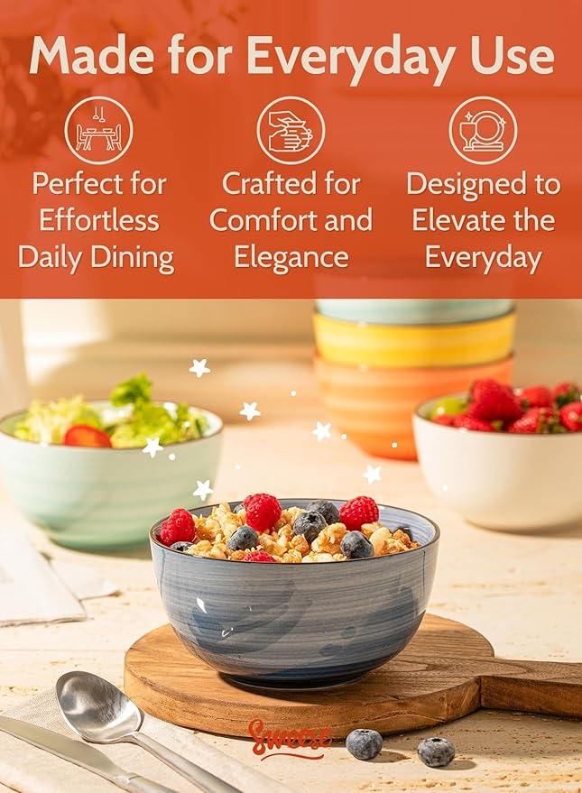 Sweese Cereal Bowl - 20 Oz Soup Bowls Set of 6 for Cereal, Snack, Rice, Salad, Side Dishes, Porcelain Bowls for Kitchen Decor, LEAD & CADMIUM FREE, Multicolor, Hot Assorted Colors