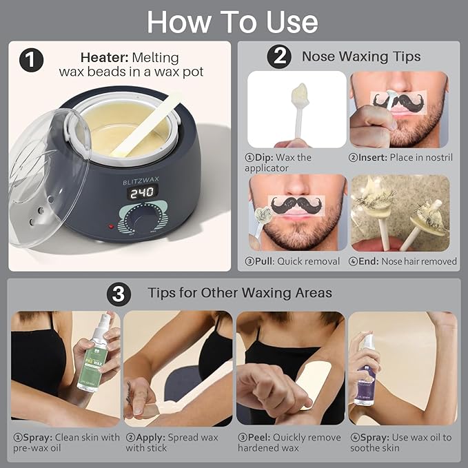 BLITZWAX Back and Nose Waxing Kit for Men, Hard Wax Warmer for Brazilian, Body and Face, At Home Hair Removal Kit, Beginner Friendly, Quick Heating, 93 Accessories, Charcoal Grey-BrightBean Baby