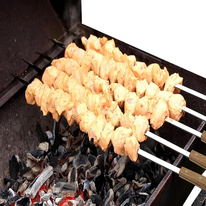 12 Pack Kebab Skewers BBQ Barbecue Skewers Stainless Steel Flat Sticks 22 Inch Heavy Duty Large Wide Reusable with Nonslip Wooden Handle Ideal for Shish Kabob Chicken Shrimp and Vegetables
