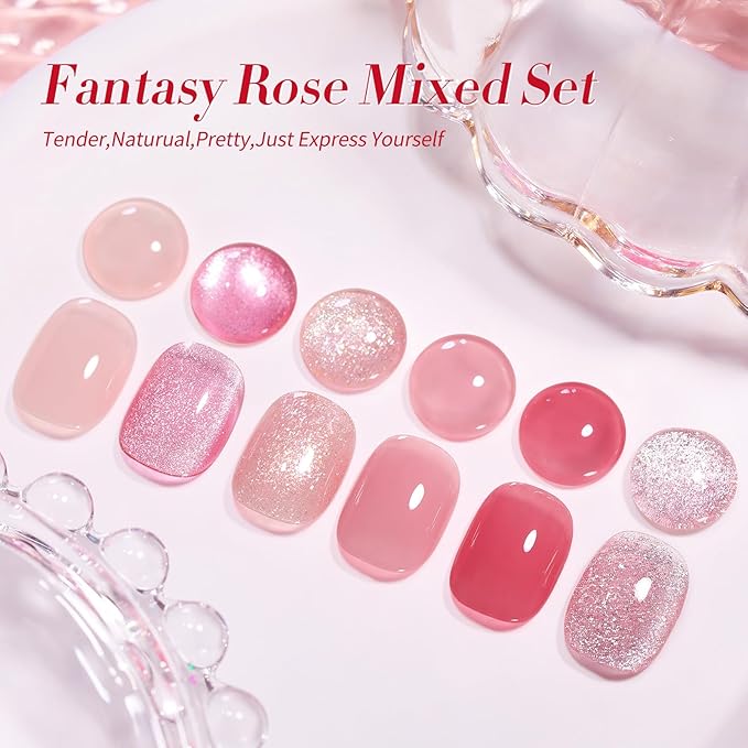 Born Pretty Gel Nail Polish Pink Nude Series,Jelly Transparent,Cat Magnetic Eye,Shimmer Glitter Holographic Pink Nude Gel Polish Kit for Salon Manicure and Nail Art DIY at Home 6Colors-BrightBean Baby