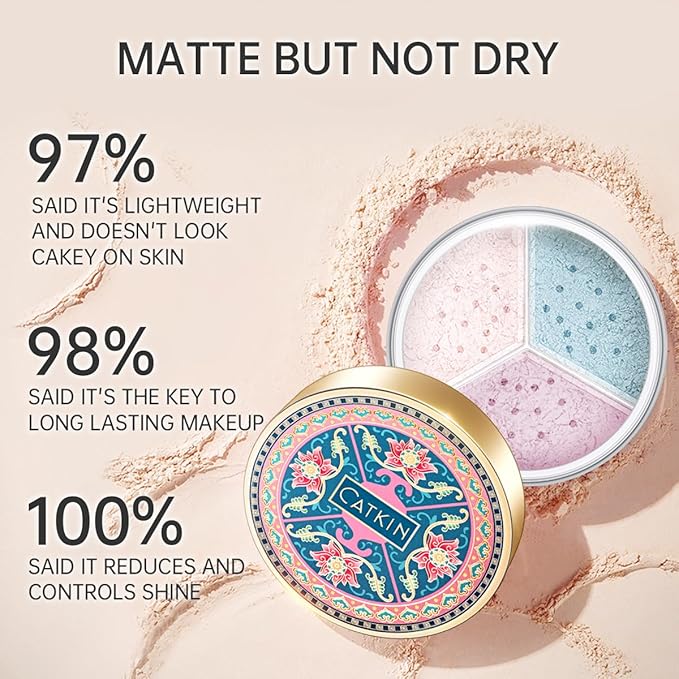 CATKIN Poreless Finish Loose Setting Powder Makeup, Translucent Matte Finishing Makeup for All Skin Tones, 3 Colors Even Skin Tone – 0.42 oz Includes Velour Puff-BrightBean Baby