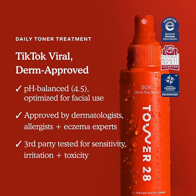 Tower 28 SOS Daily Rescue Facial Spray for Sensitive Skin, Hypochlorous Acid Spray Helps Visibly Reduce the Appearance of Redness and Breakouts, Travel Size Toner for Face, 1 FL Oz-BrightBean Baby