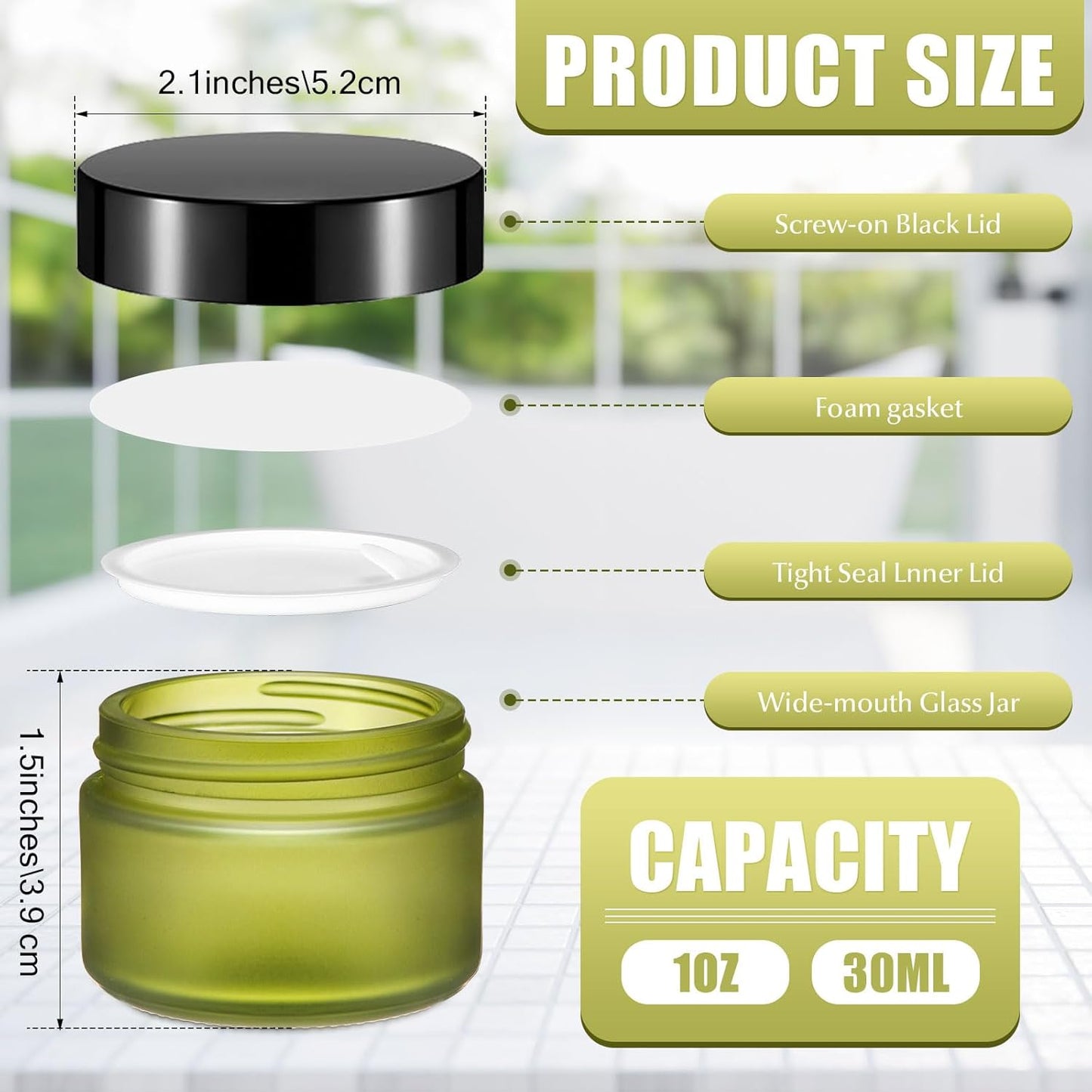 Domensi 100 Pcs 1 oz Glass Jars with Lids Bulk Round Glass Cosmetic Jars Lids 1 oz Small Travel Containers with Inner Liner for Lotions Powders Ointments Sample Cream(Bean Green,Black)-BrightBean Baby
