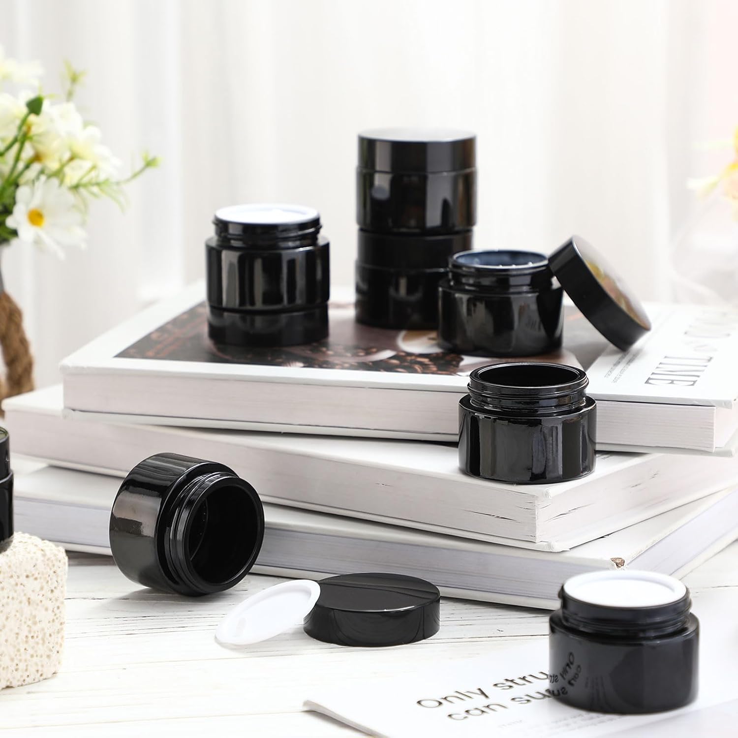 Domensi 100 Pcs 1 oz Glass Jars with Lids Bulk Round Glass Cosmetic Jars Lids 1 oz Small Travel Containers with Inner Liner for Lotions Powders Ointments Sample Cream(Black,Black)-BrightBean Baby