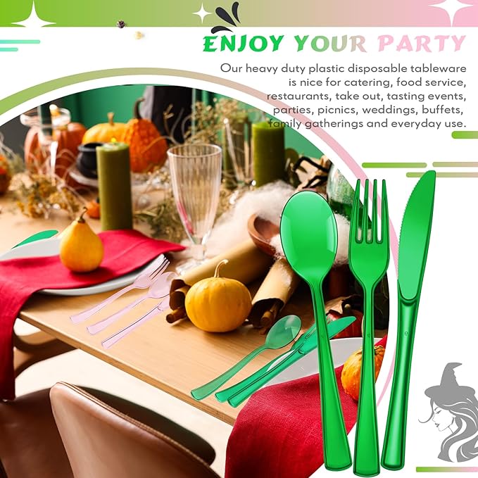 Minatee 150 Pieces Disposable Cutlery Set Plastic Silverware Heavy Duty Utensil Sets 50 Forks 50 Knives 50 Spoons for Home Office School Party Picnics Restaurant Outdoor Events (Pink,Green)