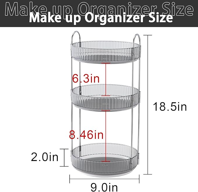 Rotating Makeup Organizer for Vanity, High-Capacity Skincare Clear Make Up Storage Perfume Organizers Cosmetic Dresser Organizer Countertop 360 Spinning (Gray, 3 Tier)-BrightBean Baby