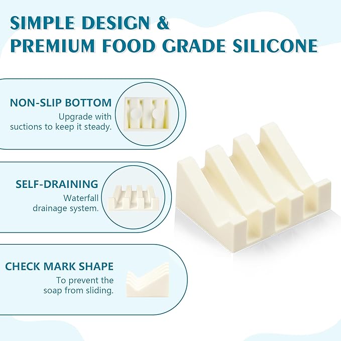 Self Draining Soap Dish,Silicone Suction Cup Soap Holder, Bathroom Soap Dish for Bar Soap,Can Extend Soap Life,Bathroom, Bath Tub, Kitchen Sink (3, Cream White)